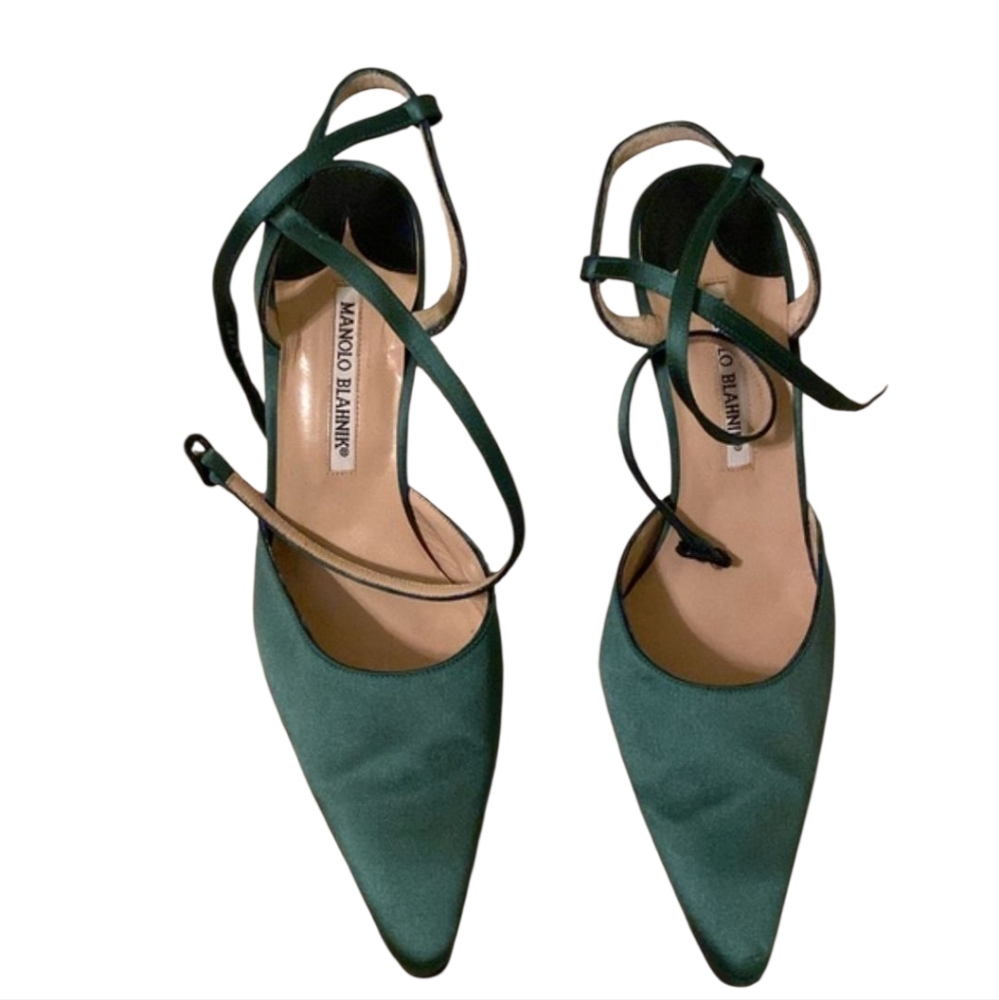 :💚 Manolo Blahnik Green Satin Silk Strappy Heels – Size 37 Made in Italy 💚